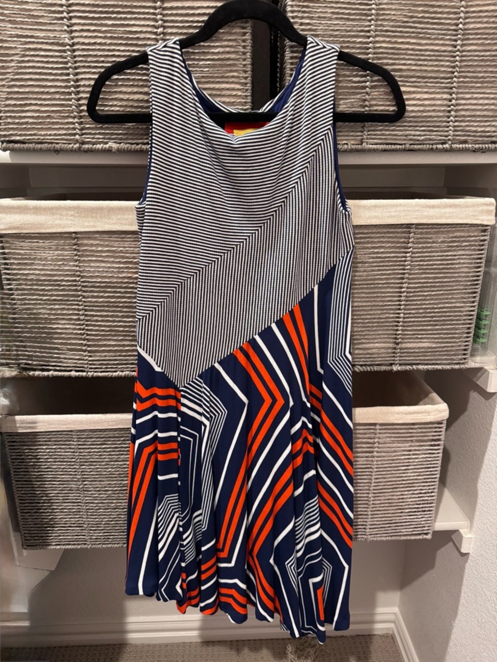 Striped Navy and Orange Sleeveless Asymmetrical Dress